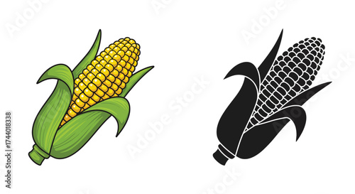 Two corn cobs one colored and one in monochrome line art