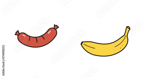 A simple illustration depicts a sausage and a ripe yellow banana