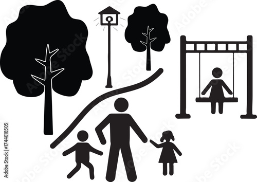 Family Stroll in the Park Play Area and Tree-Lined Path illustration