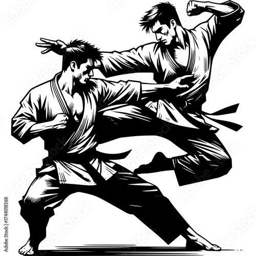 Dynamic Martial Arts: Two karate practitioners engage in a fierce and focused demonstration of skill, strength, and precision, showcasing the intensity of their training.