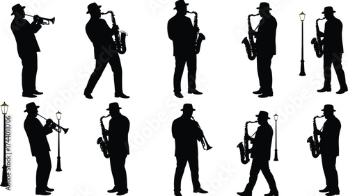 Black silhouette jazz musicians playing saxophone and trumpet under street lamps, retro music performance vector illustration for jazz concert and design