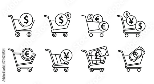 Global shopping carts with currency symbols for e-commerce and finance concepts vector