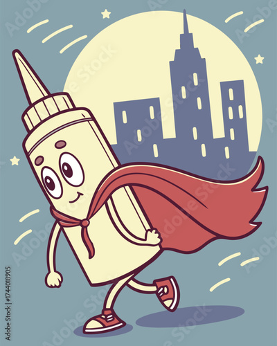 Superhero Mayonnaise Bottle Mascot with a Cape in Front of a City Skyline