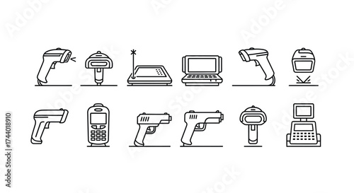 Set of outline icons for security and technology devices on vector