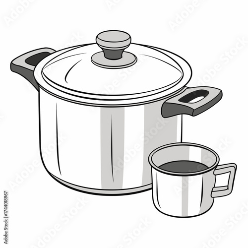 A large stainless steel cooking pot with a lid and a small metal mug filled with dark liquid on a white background