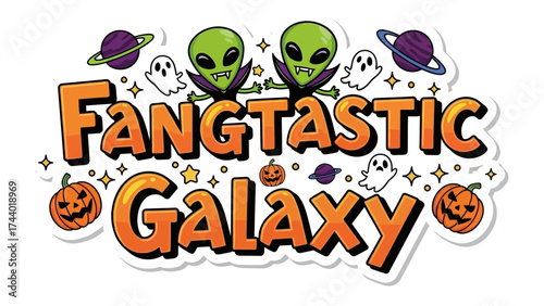 Fangtastic Galaxy Illustration: A vibrant Halloween-themed illustration featuring an alien theme. It captures the whimsical spirit of the spooky season, full of creatures and cosmic elements.