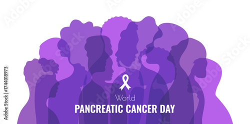 World Pancreatic Cancer Day banner template in violet color. Purple Ribbon and people on white background. Vector illustration with typography for poster banner card