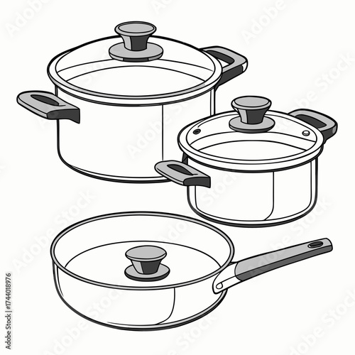 A collection of three modern cooking pots and a frying pan with glass lids and handles on a white background