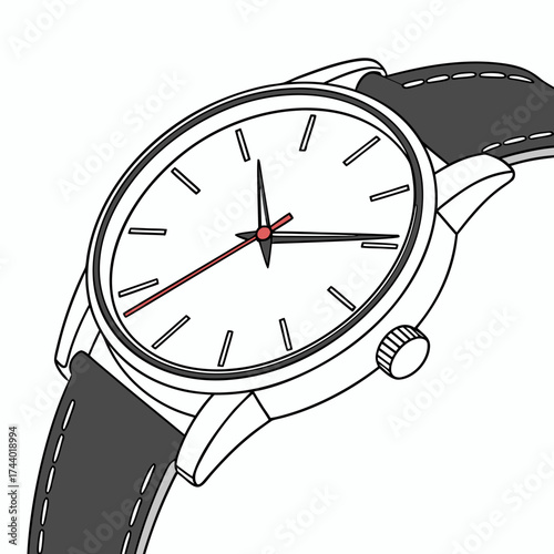 A minimalist illustration of a classic analog wristwatch with a white dial and black leather strap against a white background