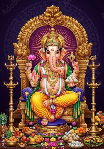 Lord Ganesha seated on ornate throne with offerings and lamps.