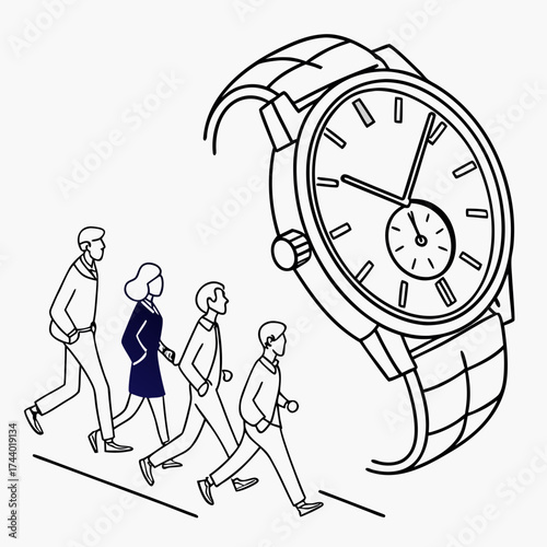 Business people rushing towards a giant wristwatch symbolizing the urgency of time and deadlines in corporate life