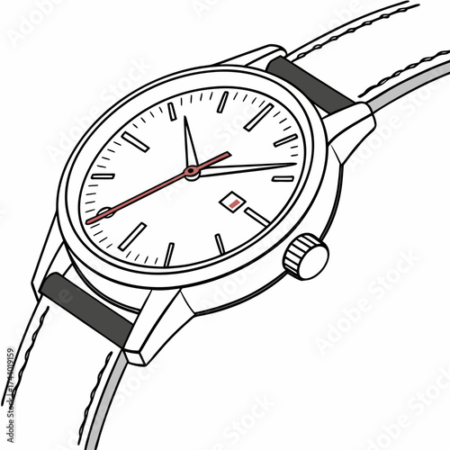 Classic analog wristwatch with a white dial and red second hand on a light colored strap
