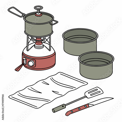 Camping cooking set with portable stove pots spatula knife and foil for outdoor adventures