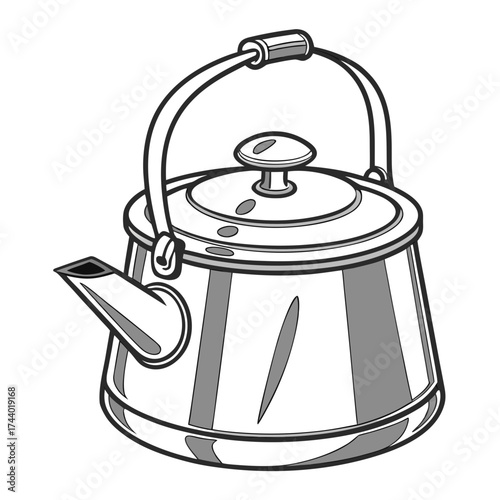 Classic shiny metal stovetop kettle with a handle and spout isolated on a white background