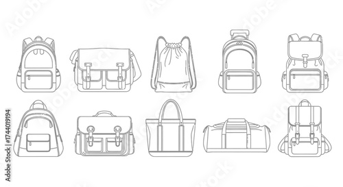 Collection of sketch style backpacks and bags for travel and school accessories design vector