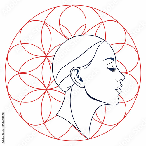 Elegant profile of a woman with closed eyes framed by a red geometric mandala pattern symbolizing beauty and harmony
