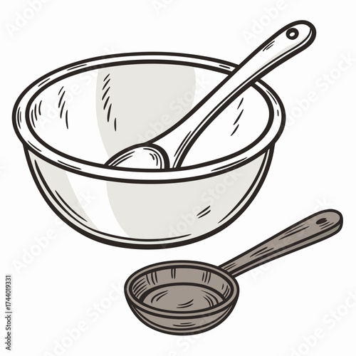 Hand drawn illustration of a mixing bowl with a spoon inside and a separate serving spoon on a white background