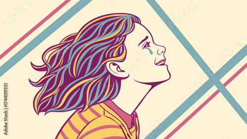 Colorful diagonal line portrait of girl with ruffled hair showing mix of joy and sadness in artistic vector design