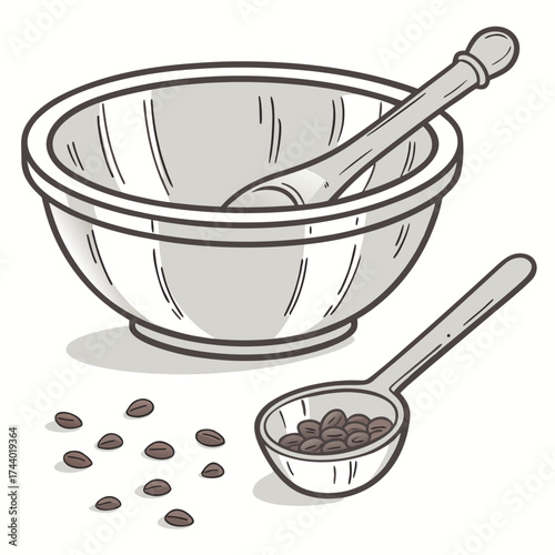 Illustration of a mortar and pestle with coffee beans and a spoon full of beans