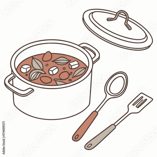Illustration of a cooking pot filled with stew and ingredients next to a ladle and spatula with lid