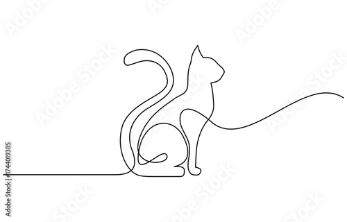 Cat continuous one line drawing. Kitty sitting in simple linear style isolated on transparent background. Editable outline