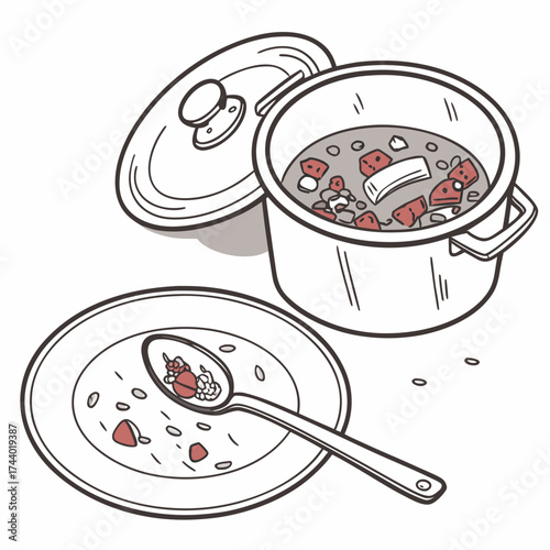 Illustration of a pot of stew with a spoon and plate showing a few remaining pieces of food