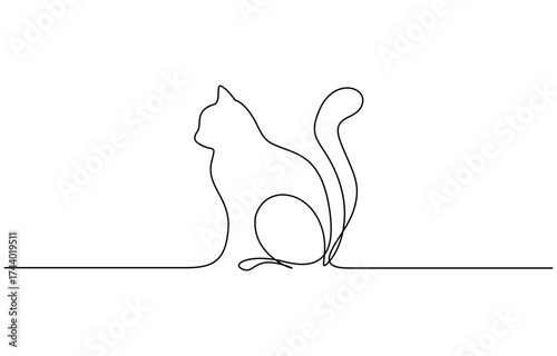 Cat continuous one line drawing. Kitty sitting in simple linear style isolated on transparent background. Editable outline