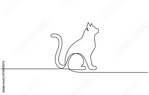 Cat continuous one line drawing. Kitty sitting in simple linear style isolated on transparent background. Editable outline