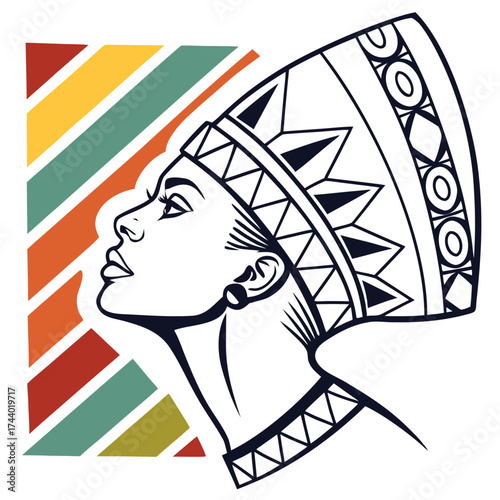 Stylized profile of an ancient egyptian queen wearing a nemes headdress against a retro striped background