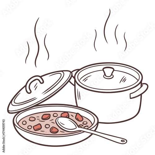 Two steaming pots of delicious food with one pot open revealing a spoon and hearty stew inside