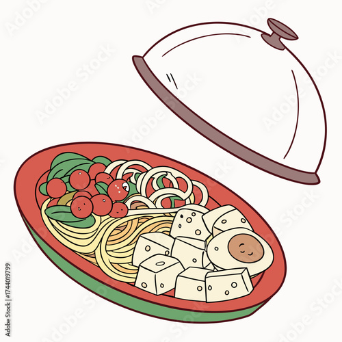 Whimsical cartoon illustration of a delicious noodle dish with tofu and egg served under a cloche lid