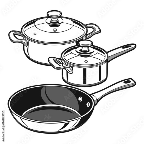 Collection of kitchen cooking pots and pans with glass lids and handles isolated on white background vector illustration