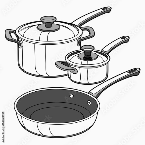 Collection of kitchen cookware including a frying pan and two saucepans with lids isolated on white background