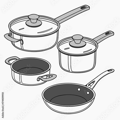 Collection of kitchen cookware including saucepans with lids and a frying pan isolated on white background