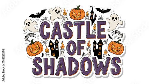 Castle of Shadows: A festive Halloween scene unfolds, adorned with eerie yet cheerful pumpkins, ghostly apparitions, and majestic castles, all under the shadowy veil of night.