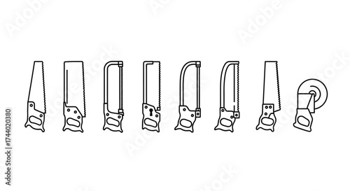 Set of diverse hand saw designs featuring detailed blades and handles in outline style vector