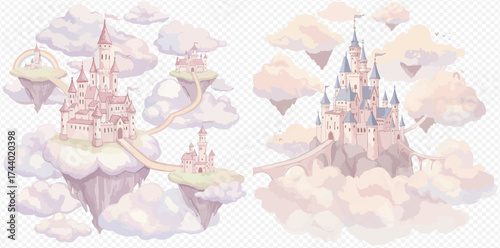 Whimsical illustration of castles floating in the clouds, connected by pathways.