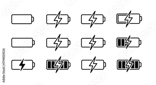 Set of battery charging status icons showing different levels of power and charging indicator symbol vector