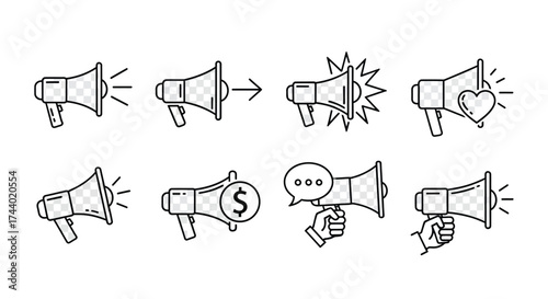 Collection of hand drawn megaphones announcing various messages business and communication symbols vector