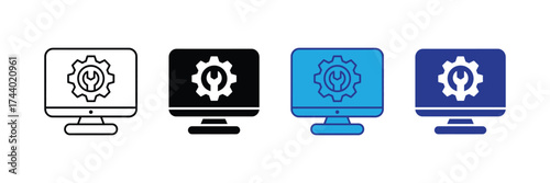 Computer monitor with gear and wrench icon, representing computer repair, technical support, and it services, isolated on transparent background