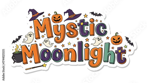 Mystic Moonlight: An enchanting Halloween-themed illustration featuring a stylized design with pumpkins, witch hats, ghosts, stars, and bats. A perfect visual to bring magic to the spooky season