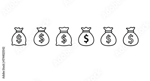 Hand drawn dollar sign money bags row isolated simple sketch finances wealth prosperity vector
