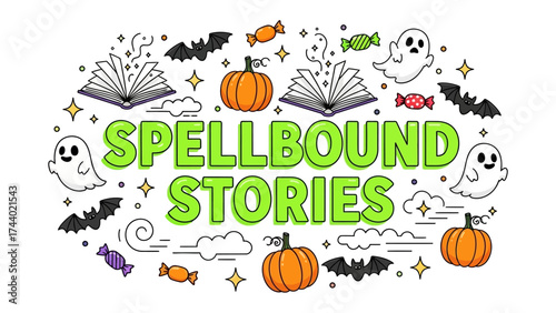 Spellbound Stories Illustration: A whimsical graphic art design showcasing Spellbound Stories, featuring elements of fantasy, enchantment, and the spirit of Halloween.