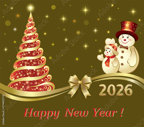 Happy New Year 2026. Greeting card with Christmas tree and cheerful snowmen on green glowing background with gold ribbon and bow. Vector illustration for winter holiday design.