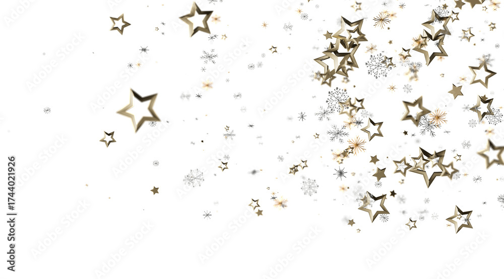 Obraz premium Elegant gold stars and snowflakes falling on white. Perfect for Christmas, New Year, and winter holidays.