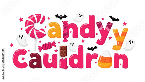 Candy Cauldron Illustration: A delightful and colorful illustration depicts Candy Cauldron in festive lettering, surrounded by Halloween-themed sweets and decorations.