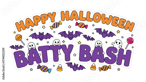 Batty Bash Halloween: A festive Halloween illustration, featuring bats, ghosts, and candy. This colorful design is perfect for adding a spooky and fun touch to your seasonal projects.