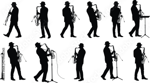 Jazz musician silhouettes playing saxophone and trumpet on stage with microphone and street lamp, vintage music performance vector illustration design