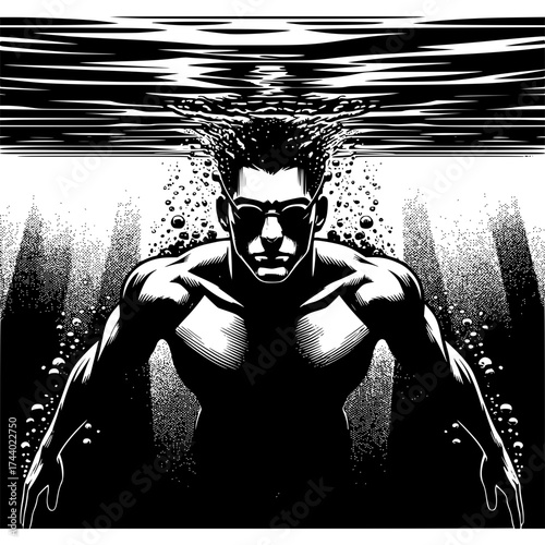 Submerged in Focus: A figure emerges from the depths of water, creating a sense of power and mystery in this dramatic artwork.