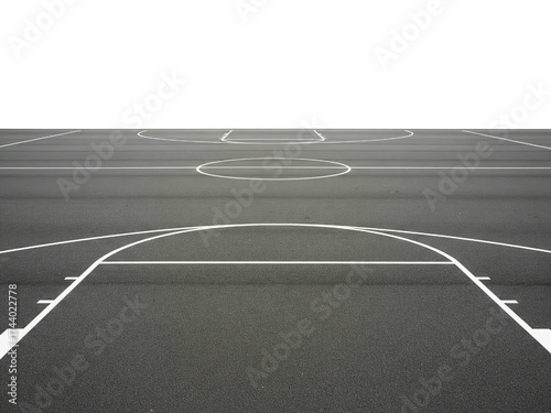 Empty outdoor basketball court with white lines on black asphalt on a transparent background